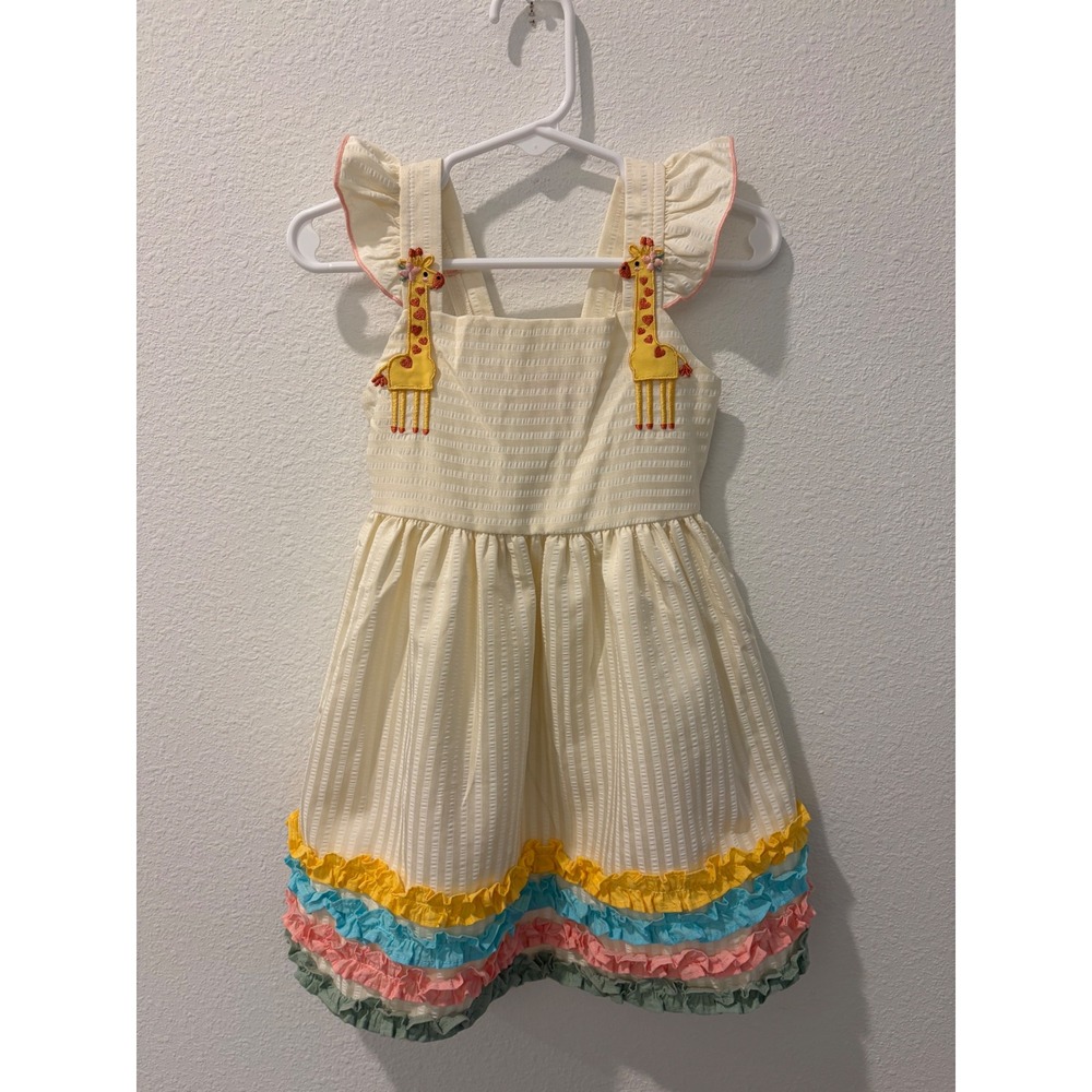 Good Lad Girls Cream Seersucker Giraffe Ruffle Dress 3T
